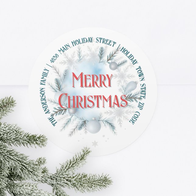 Festive Winter Greenery Christmas Return Address Classic Round Sticker (Creator Uploaded)