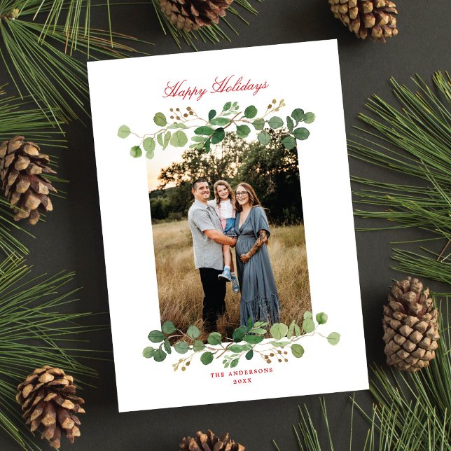 Festive Winter Greenery Elegant Botanical 1 Photo  Holiday Card (Creator Uploaded)