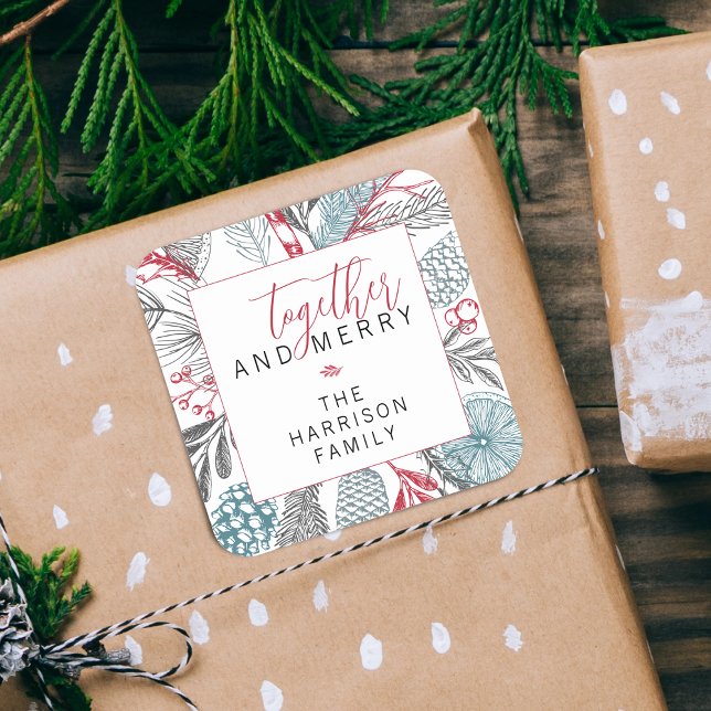 Festive Winter Greenery Holiday Square Sticker (Festive Winter Greenery Holiday Square Sticker)