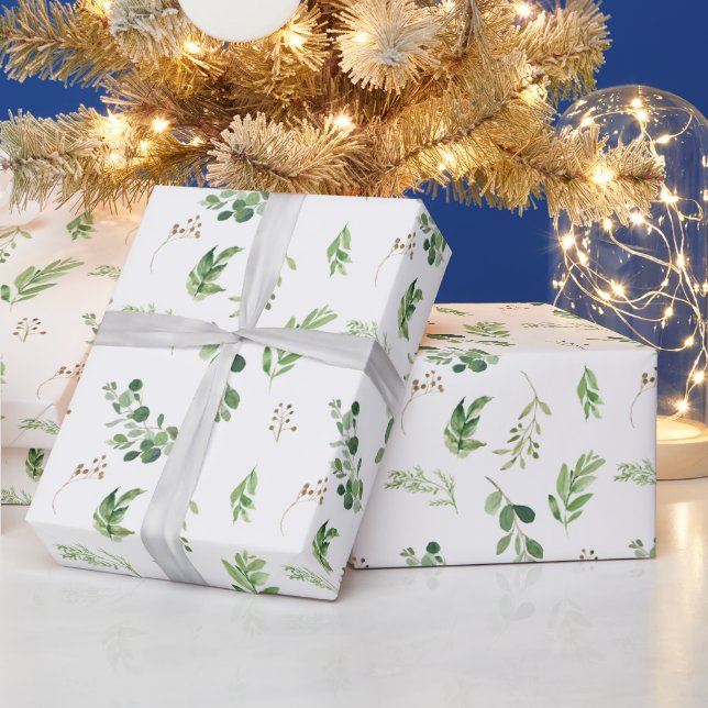 Festive Winter Greenery Watercolor Botanicals  Wrapping Paper (Holidays)