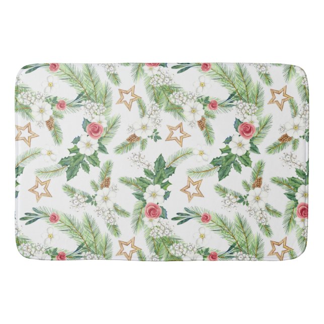 Festive Winter Holiday Botanicals  Bath Mat (Front)