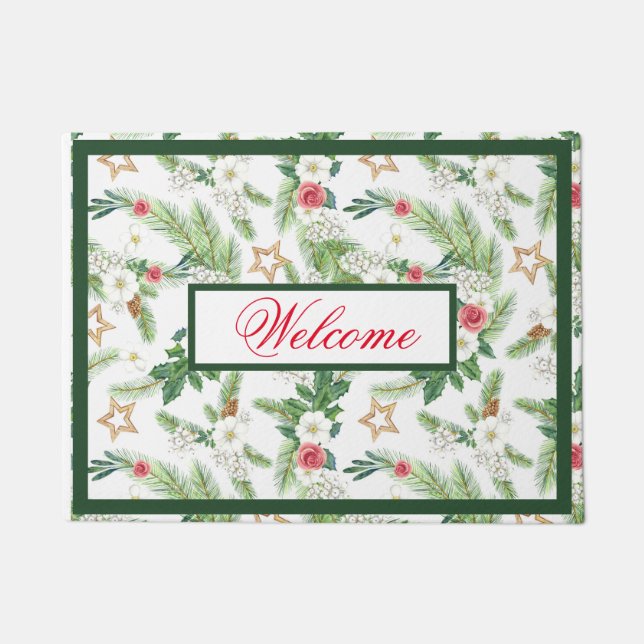 Festive Winter Holiday Botanicals Welcome Doormat (Front)