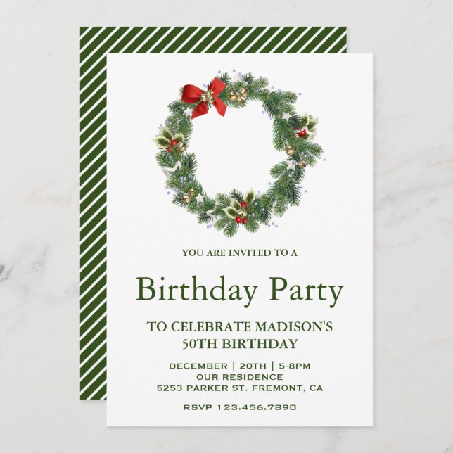 Festive Winter Holiday Christmas Wreath Birthday Invitation (Front/Back)