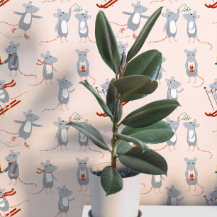 Festive Winter Holiday Mice Pink Wallpaper