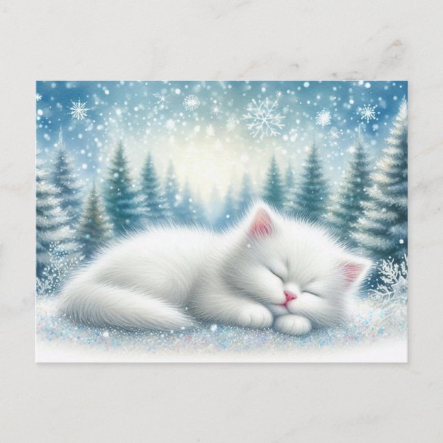 Festive Winter Landscape With White Cat Christmas Postcard (Front)