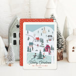 Festive Winter Merry Christmas Town/Village Holiday Card<br><div class="desc">This cute Christmas holiday card features a Christmas town/village with people, houses, a church, trees, a car with a christmas tree on top, and a skating rink. The reverse side features a red background with white snow patterns. Personalise it for your needs. You can find matching products at my store....</div>
