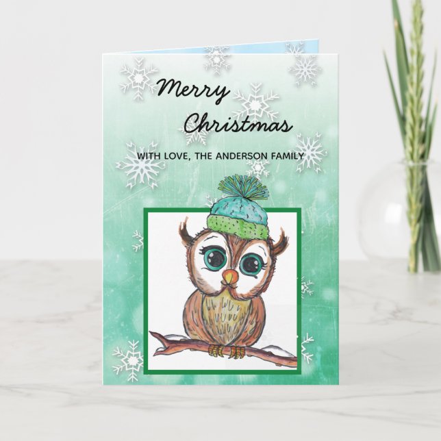 Festive Winter Owl Merry Christmas Card (Front)