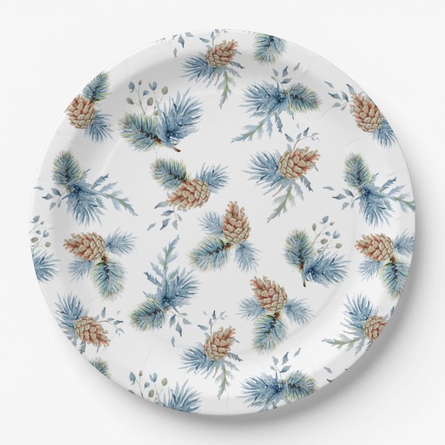 Festive Winter Pine and Evergreens Paper Plate (Front)