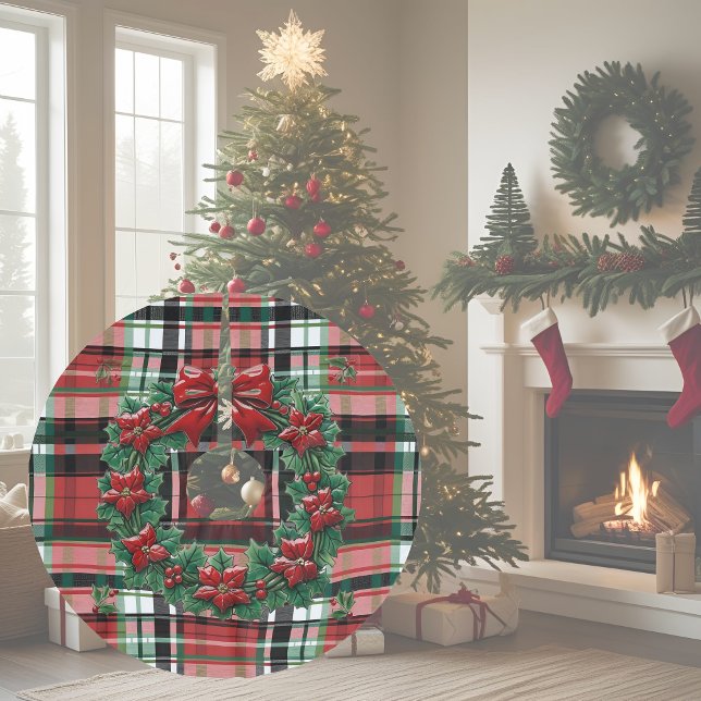 Festive Winter Plaid Rustic Farmhouse Wreath Brushed Polyester Tree Skirt (Creator Uploaded)