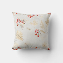 Festive Winter Red Berries and Leaves Throw Pillow