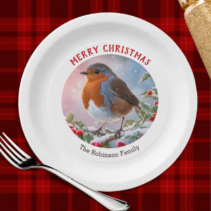 Festive Winter Robin Pretty Watercolor Christmas Paper Plate