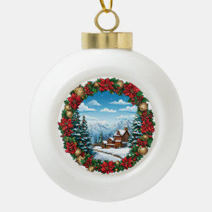 Festive Winter Scene With Snowy Cabin Ceramic Ball Christmas Ornament