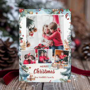 Festive Winter Snow Village Four-Photo Holiday Card