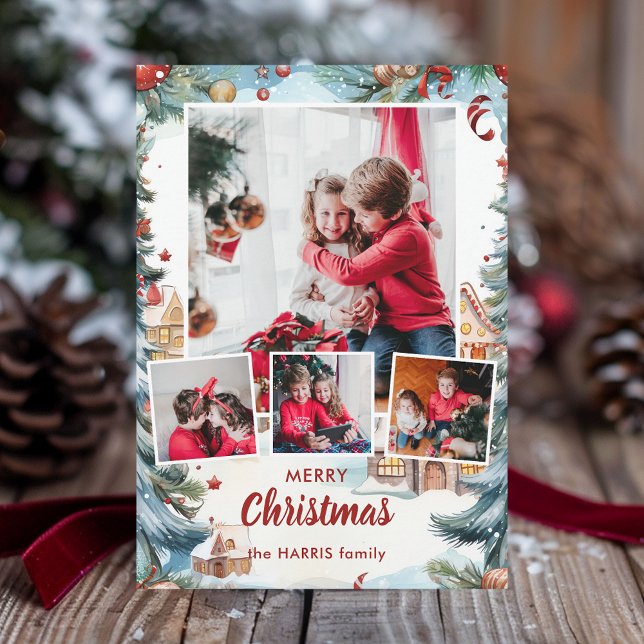 Festive Winter Snow Village Four-Photo Holiday Card (Creator Uploaded)