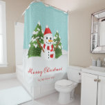 Festive Winter Snowman & Custom Name Christmas Shower Curtain<br><div class="desc">Destei's cartoon illustration of a cute snowman. The snowman is wearing a red hat and a scarf that has red and white stripes on it. His nose is made of an orange carrot and his arms are made of brown sticks. Behind the snowman are two fir trees with some snow...</div>