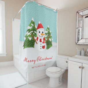 Festive Winter Snowman & Custom Name Christmas Shower Curtain