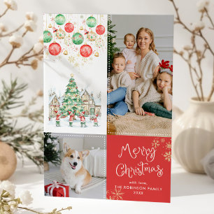 Festive Winter Village Merry Christmas Red 2 Photo Holiday Card