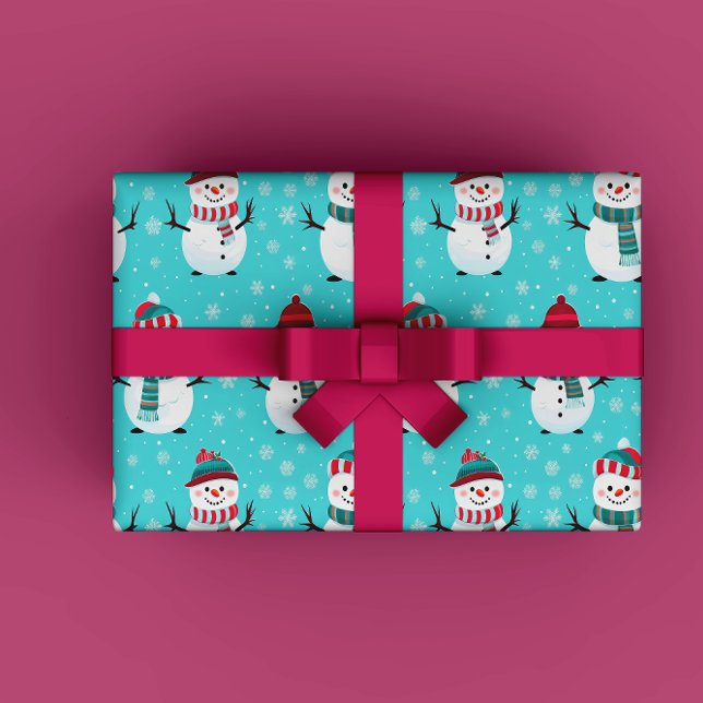 Festive Winter Wonderland Blue Snowmen Christmas Wrapping Paper (Festive and Fun Winter Wonderland Blue Happy Snowman Gift Wrapping Paper)