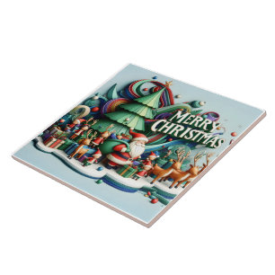 Festive winter wonderland with Santa and reindeer Ceramic Tile