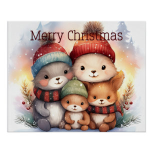 Festive Woodland Animal Family Merry Christmas Poster
