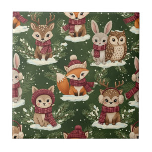 Festive Woodland Animal in Green Ceramic Tile