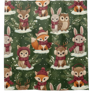 Festive Woodland Animal in Green Shower Curtain