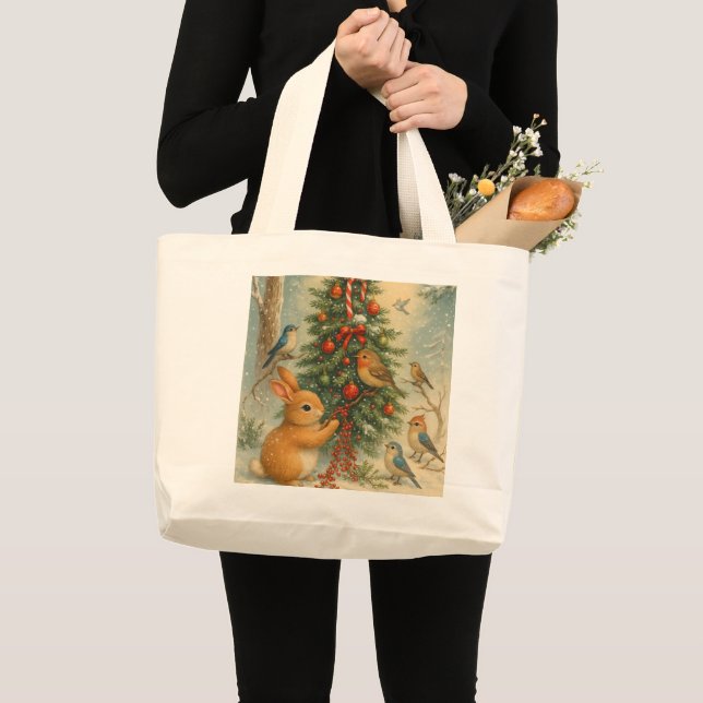 Festive woodland bunny christmas cute holiday  large tote bag (Front (Product))