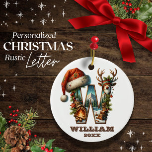 Festive Woodland Letter W Holiday Custom Ceramic Ornament