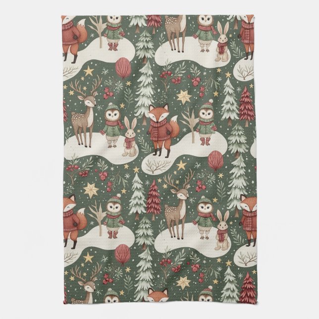 Festive Woodland Nature Winter Pattern Tea Towel (Vertical)
