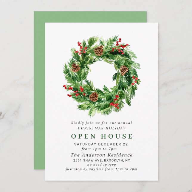 Festive Wreath CHRISTMAS HOLIDAY OPEN HOUSE Invitation (Front/Back)