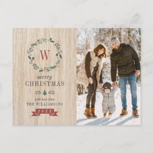 Festive Wreath & Christmas Photo   Monogram Wooden Postcard