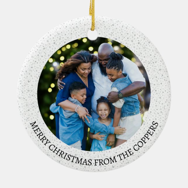 Festive Wreath Custom Family Photo Holiday Ceramic Ornament (Back)