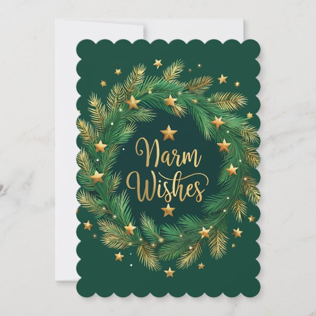 Festive Wreath & Golden Stars Holiday Card (Front)