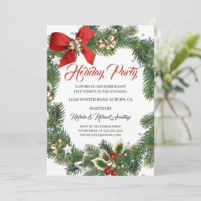 Festive Wreath Holiday Party Invitation (Standing Front)