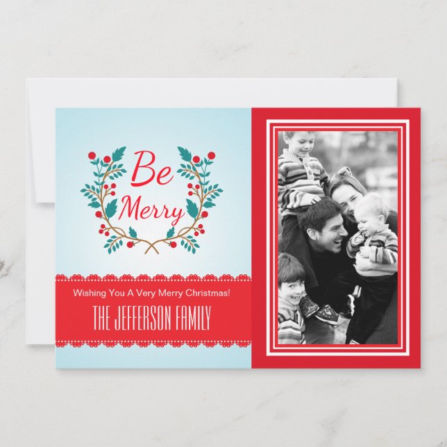 Festive Wreath Light Blue and Red Christmas Photo Holiday Card (Front)