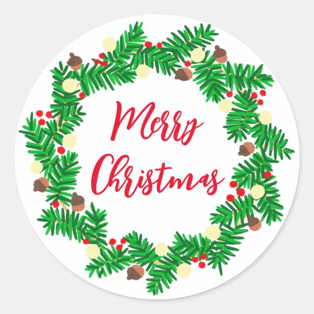 Festive Wreath Merry Christmas Classic Round Sticker (Front)