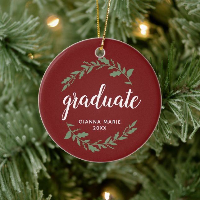 Festive Wreath Personalised Graduation Keepsake Ceramic Ornament (Tree)