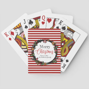 Festive Wreath & Red Stripes Merry Christmas Playing Cards