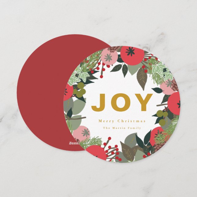 Festive Wreath with Joy Typography Holiday Card (Front/Back)