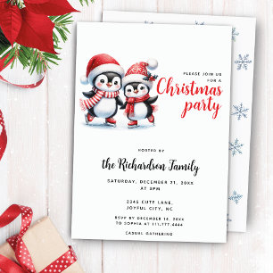 Festive Xmas Cute Ice Skating Penguins Christmas Invitation