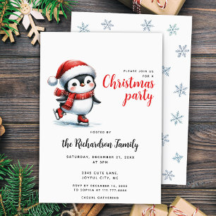 Festive Xmas Cute Penguin Ice Skating Christmas Invitation