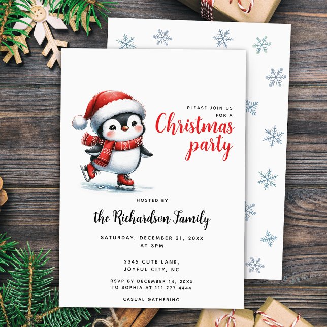Festive Xmas Cute Penguin Ice Skating Christmas Invitation (Creator Uploaded)