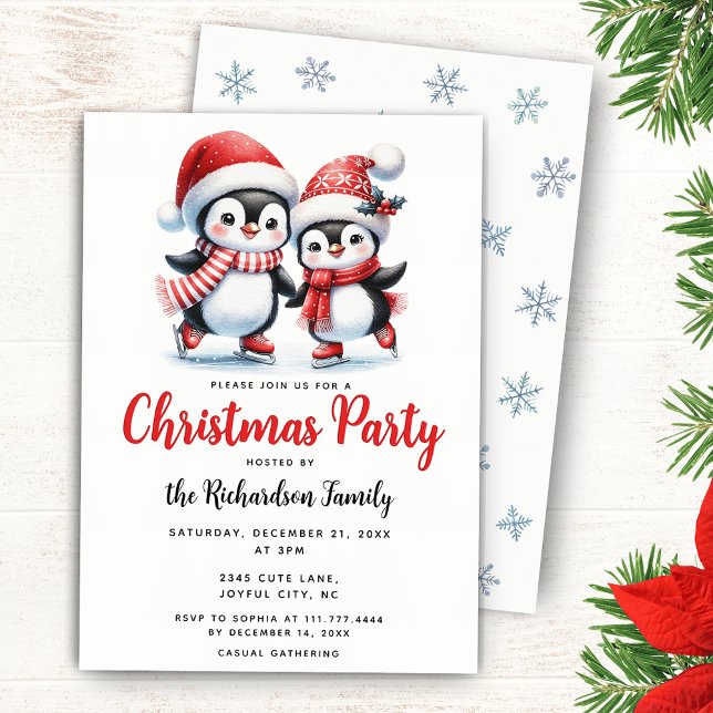 Festive Xmas Cute Penguins Ice Skating Christmas Invitation (Creator Uploaded)