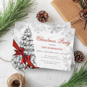 Festive Xmas Pine Tree, Silver & Red Ribbon Invitation