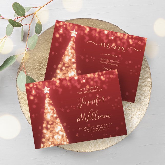 Festive Xmas Tree Gold Red Wedding Menu  Invitation (Festive Xmas Tree Gold Red Wedding Menu Invitation)