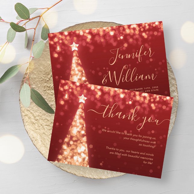 Festive Xmas Tree Gold Red Wedding Thank You Card (Festive Xmas Tree Gold Red Wedding Thank You Card)