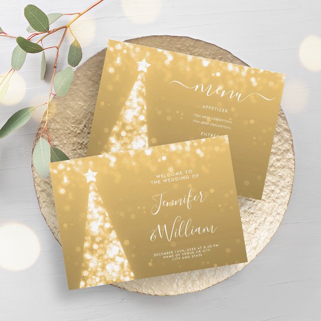 Festive Xmas Tree Gold Wedding Menu  Invitation (Festive Xmas Tree Gold Wedding Menu Invitation)
