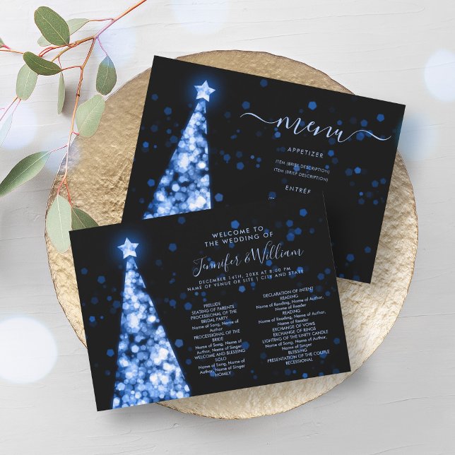 Festive Xmas Tree Navy Blue Wedding Menu Program (Festive Xmas Tree Navy Blue Wedding Menu Program)