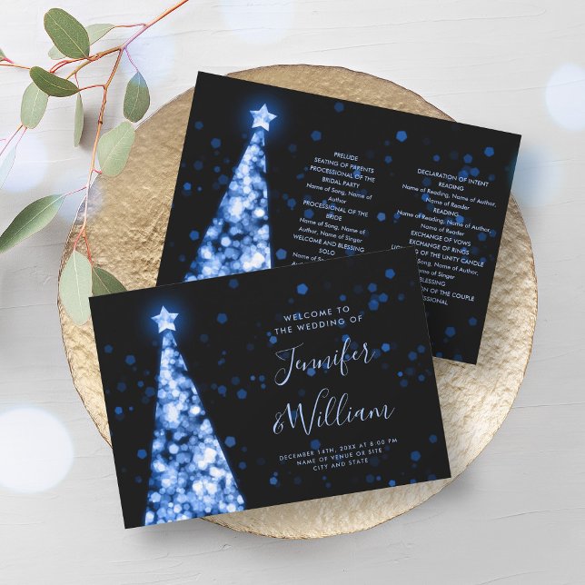Festive Xmas Tree Navy Blue Wedding Program (Festive Xmas Tree Navy Blue Wedding Program)