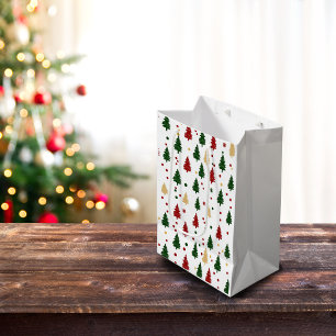 Festive Xmas Tree Pattern Red, Green & Gold Medium Gift Bag
